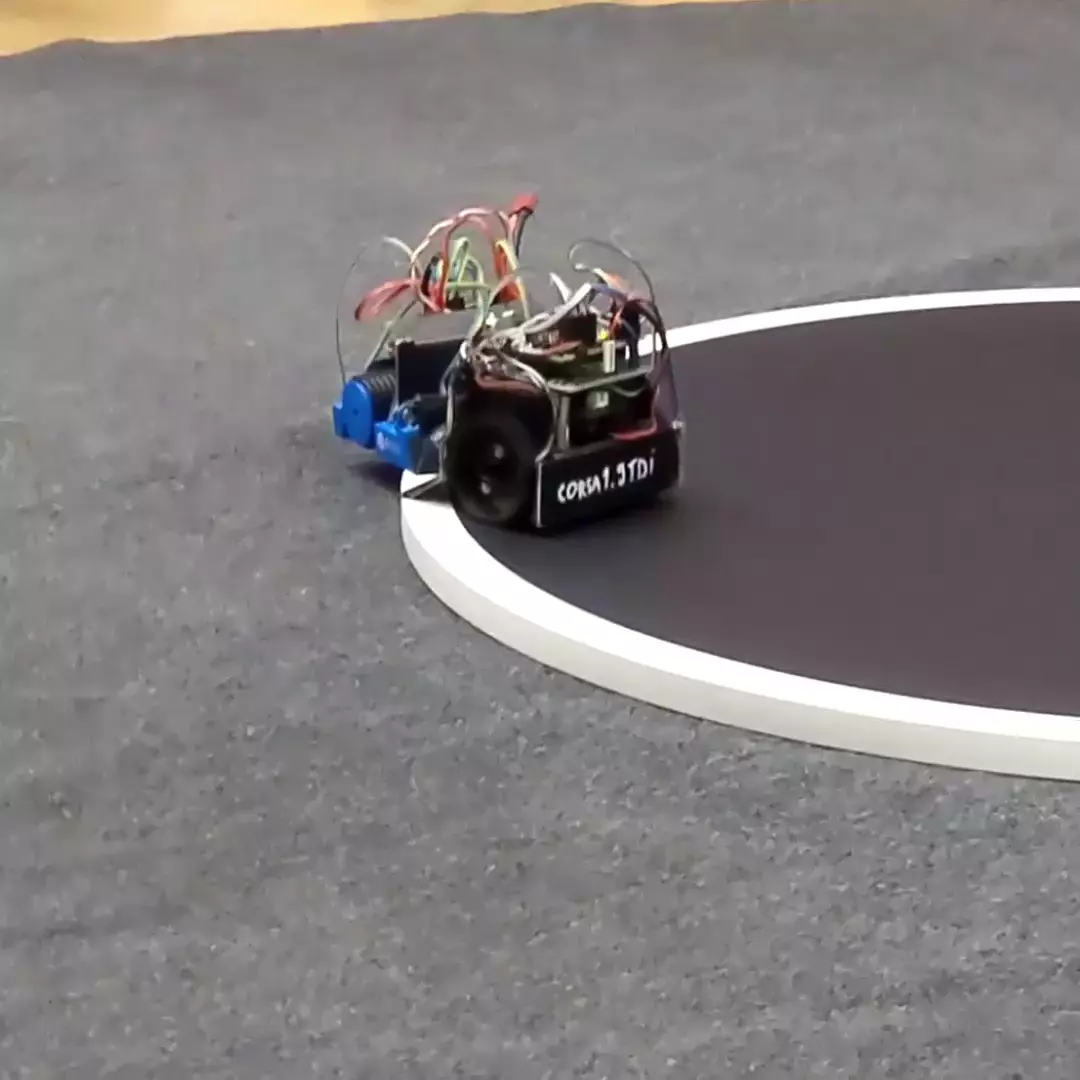 Two robots barely move on the line - the stronger one shivers. At the end both teams take their robots as a referee announces a draw